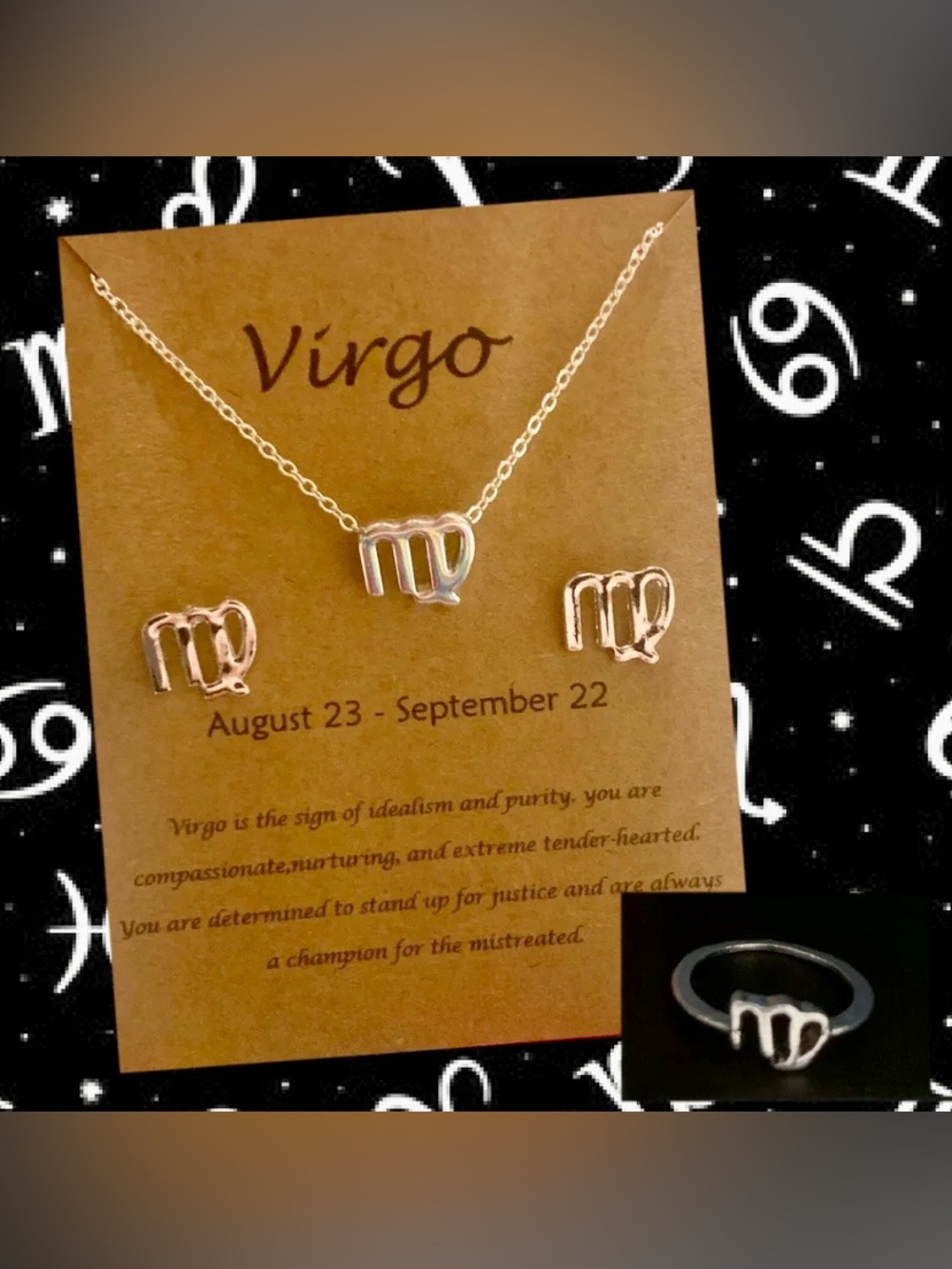Virgo Zodiac Necklace, Stud Earrings & Ring Set ♍️